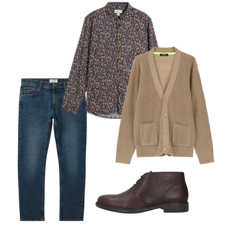 Outfit uomo - Relax mood. Stile Casual per Tutti i giorni. Abbinamento con camicie, stivali e stivaletti, jeans, cardigans.