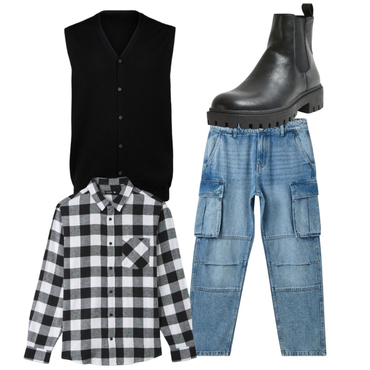 Outfit uomo - City. Stile Casual per Tutti i giorni. Abbinamento con stivali e stivaletti, camicie, jeans, gilet.