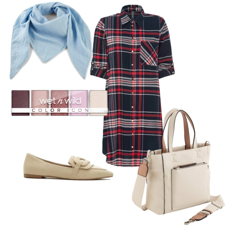 Outfit donna - Total look #2087935. Stile Trendy per Tutti i giorni. Abbinamento con mocassini, vestiti chemisier, foulard, ombretti, borse a mano.