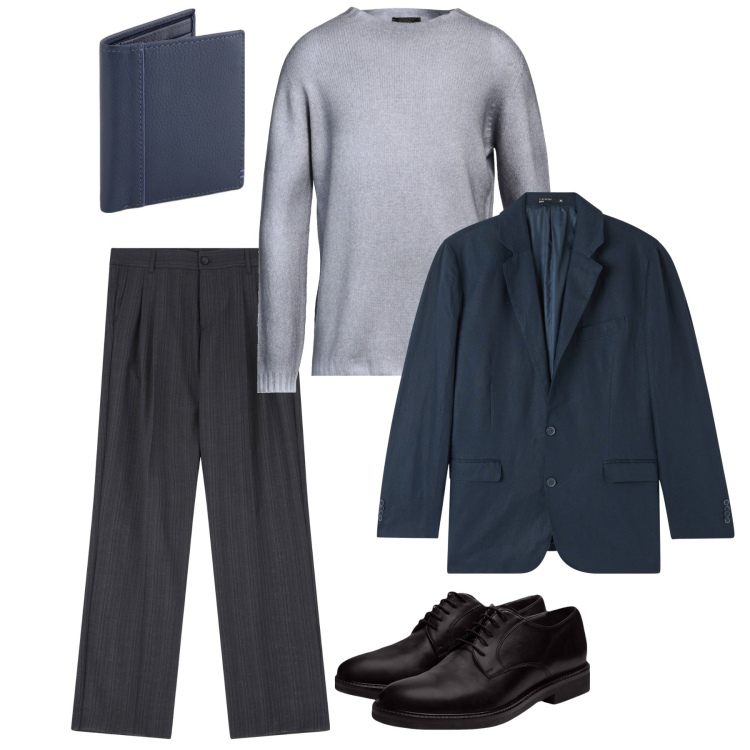 Outfit uomo - Marzo. Stile Trendy per Serata speciale. Abbinamento con pullovers, giacche, pantaloni, scarpe stringate, portafogli.