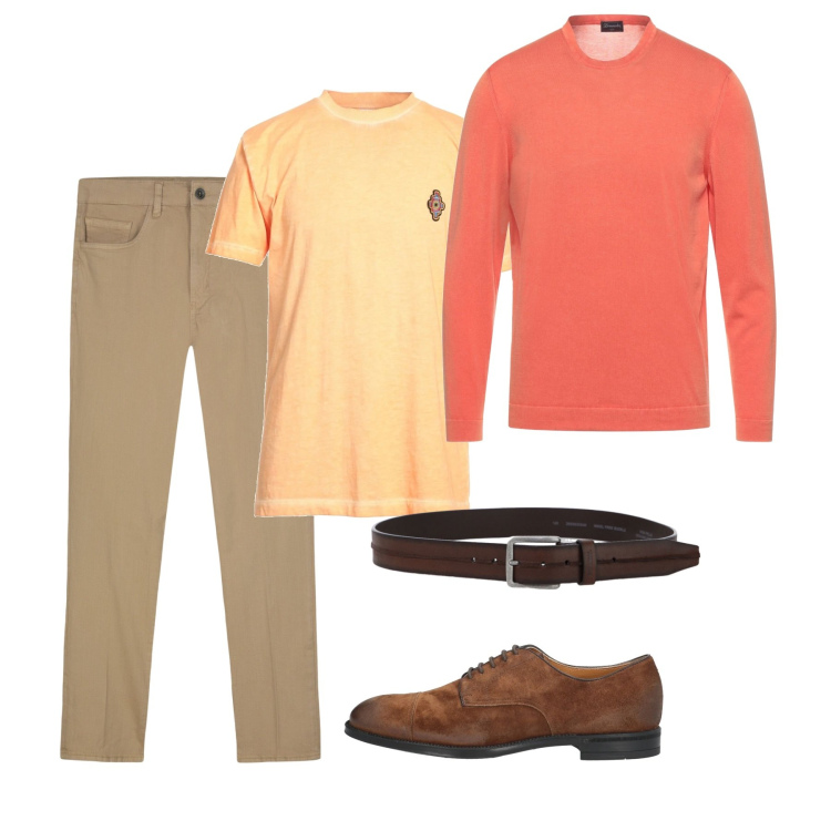 Outfit uomo - Luminoso. Stile Casual per Tutti i giorni. Abbinamento con pullovers, scarpe stringate, t-shirt, cinture, pantaloni.