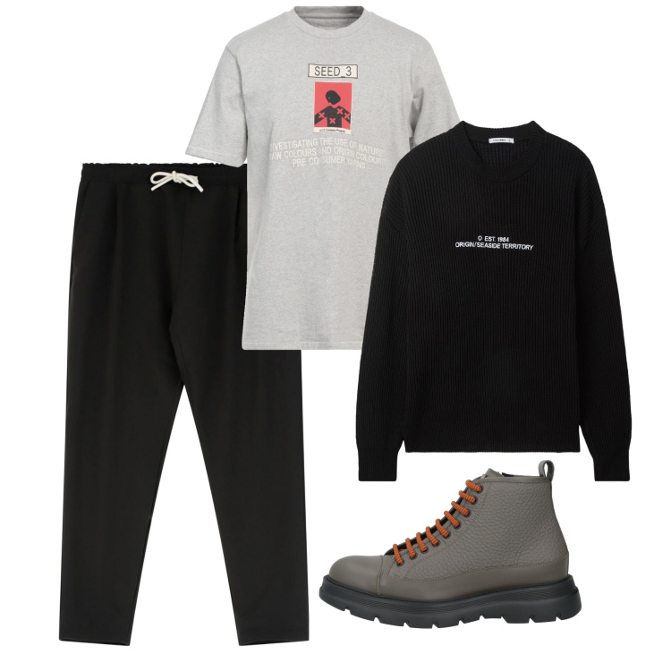 Outfit uomo - Marzo. Stile Urban per Tutti i giorni. Abbinamento con t-shirt, stivali e stivaletti, maglieria, pantaloni.