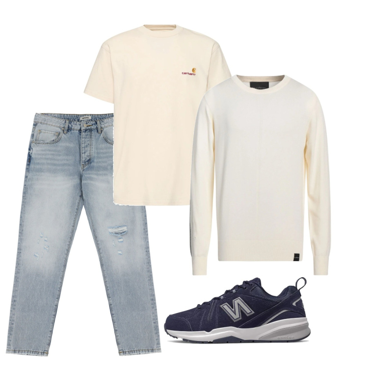 Outfit uomo - Butter spring. Stile Casual per Tutti i giorni. Abbinamento con pullovers, sneakers, jeans strappati, t-shirt.