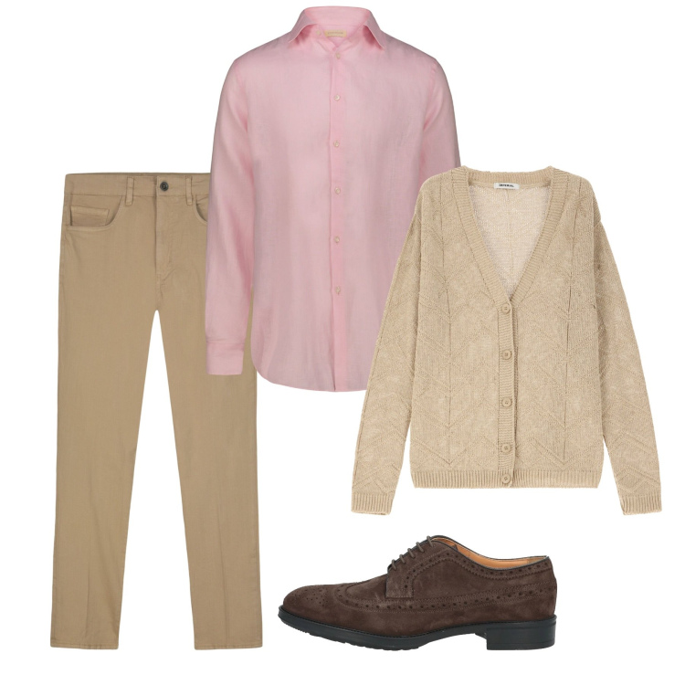 Outfit uomo - Primavera. Stile Casual per Tutti i giorni. Abbinamento con scarpe stringate, cardigans, camicie, pantaloni.