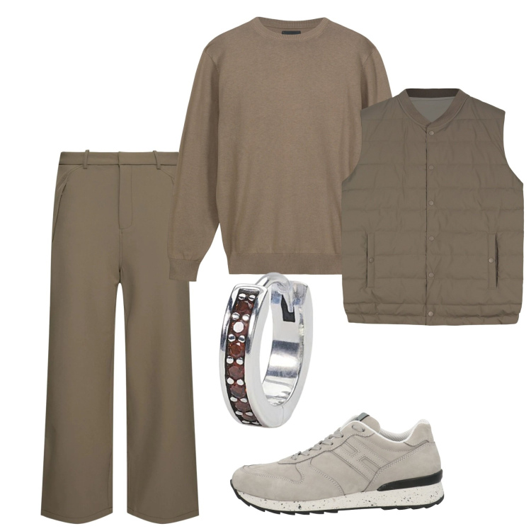 Outfit uomo - Monocromatico. Stile Casual per Tutti i giorni. Abbinamento con sneakers, orecchini, gilet, maglieria, pantaloni.