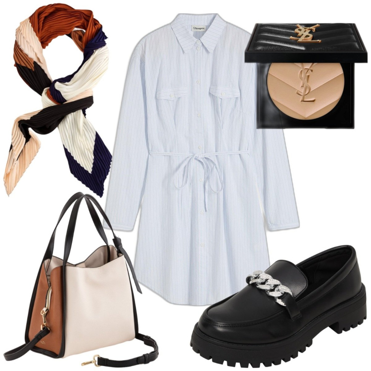 Outfit donna - Total look #2087969. Stile Trendy per Tutti i giorni. Abbinamento con vestiti chemisier, ciprie, mocassini, borse a mano, foulard.