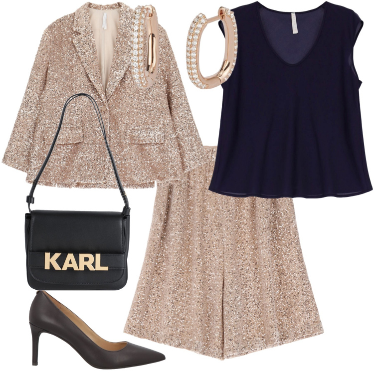 Outfit donna - Apericena in ristorante chic. Stile Chic per Serata fuori. Abbinamento con borse a mano, décolleté, orecchini, t-shirt, bermuda, blazer.