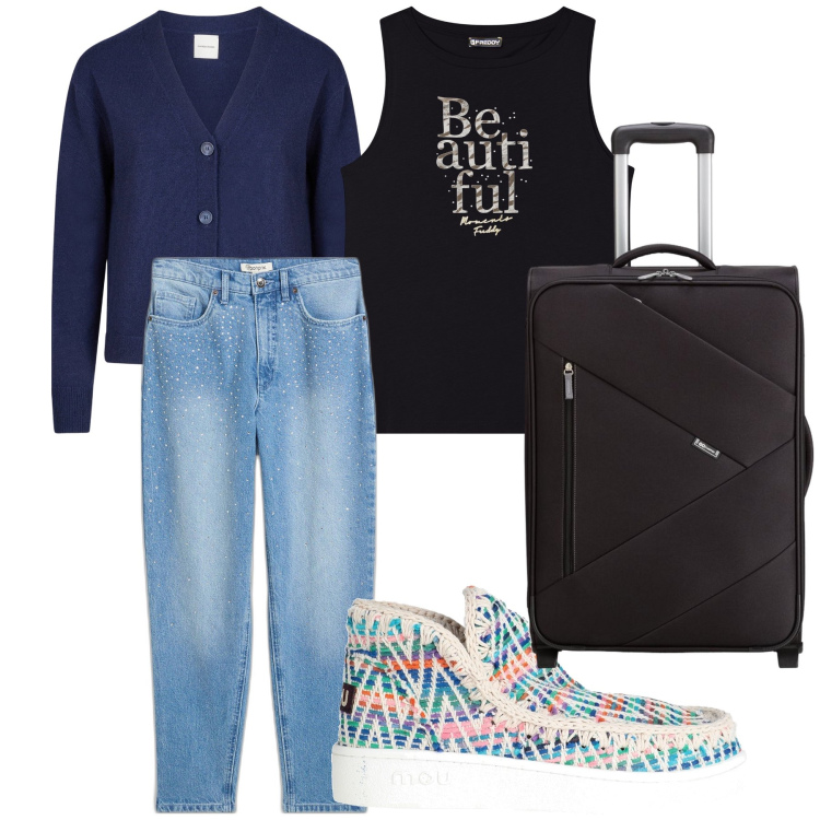 Outfit donna - Beautiful journey. Stile Casual chic per Tutti i giorni. Abbinamento con jeans mom, stivaletti, canottiere, cardigans, valigie.
