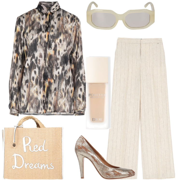 Outfit donna - Sogni in ufficio. Stile Glamour per Ufficio. Abbinamento con décolleté, borse a mano, camicie, primer, pantaloni a palazzo, occhiali da sole.