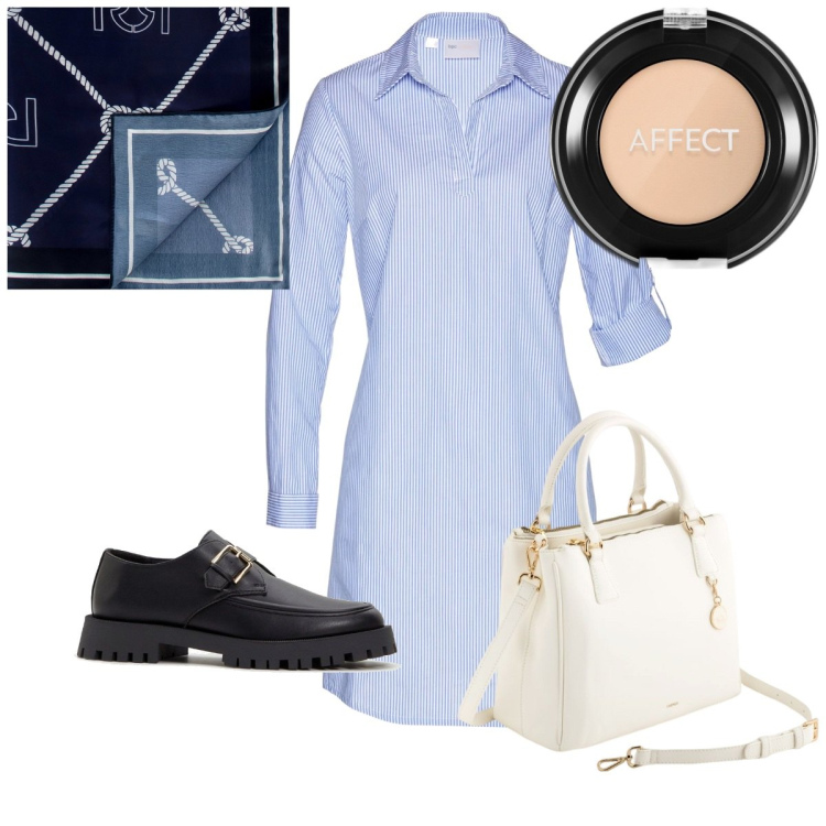 Outfit donna - Total look #2087987. Stile Trendy per Tutti i giorni. Abbinamento con vestiti chemisier, mocassini, ombretti, foulard, borse a mano.