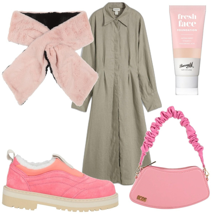 Outfit donna - Total look #2087992. Stile Trendy per Tutti i giorni. Abbinamento con vestiti chemisier, mocassini, borse a mano, sciarpe, fondotinta.