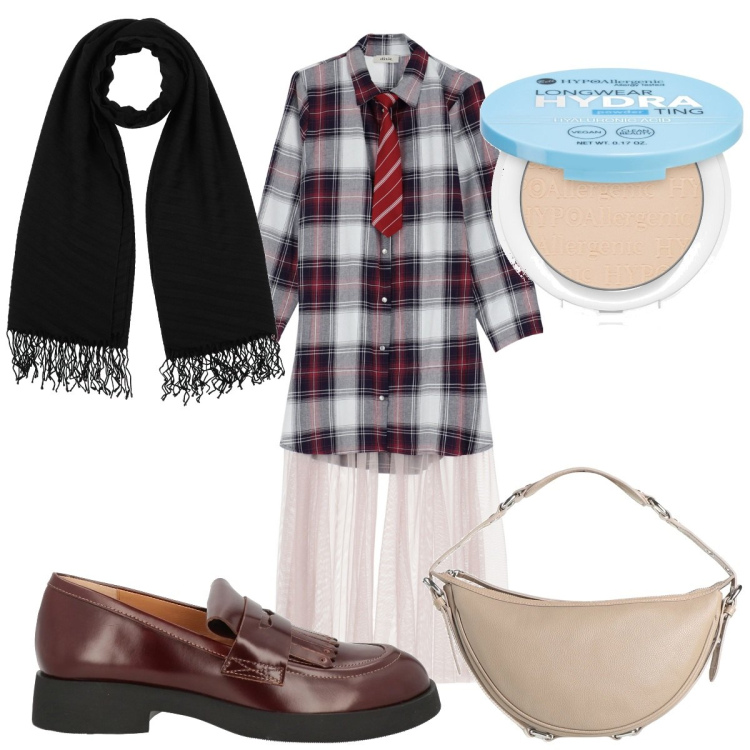 Outfit donna - Total look #2088007. Stile Trendy per Tutti i giorni. Abbinamento con sciarpe, mocassini, borse a mano, ciprie, vestiti chemisier.