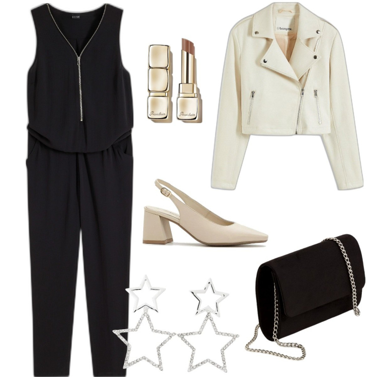 Outfit donna - Tuta elegante nera. Stile Casual chic per Serata fuori. Abbinamento con tute, décolleté, blazer, rossetti, orecchini, pochette.
