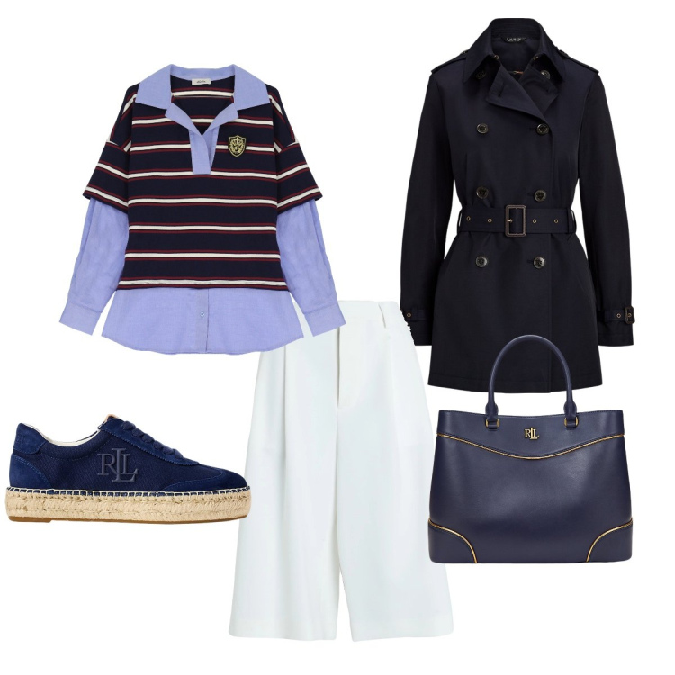 Outfit donna - T-shirt e camicia. Stile Casual chic per Ufficio. Abbinamento con pantaloni, t-shirt, trench, borse a mano, sneakers.