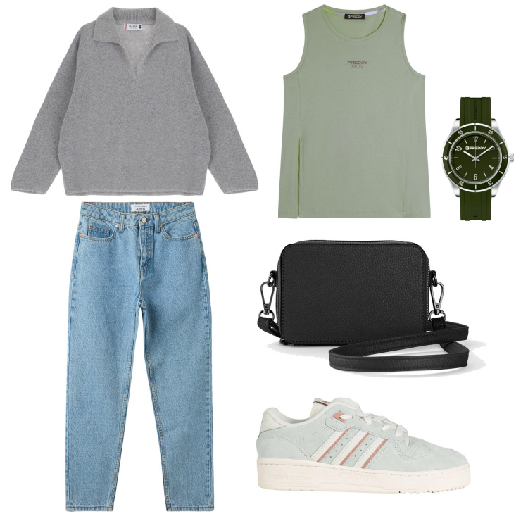 Outfit donna - Total look #2088026. Stile Casual per Tutti i giorni. Abbinamento con borse a tracolla, sneakers, jeans mom, pullovers, orologi, canottiere.