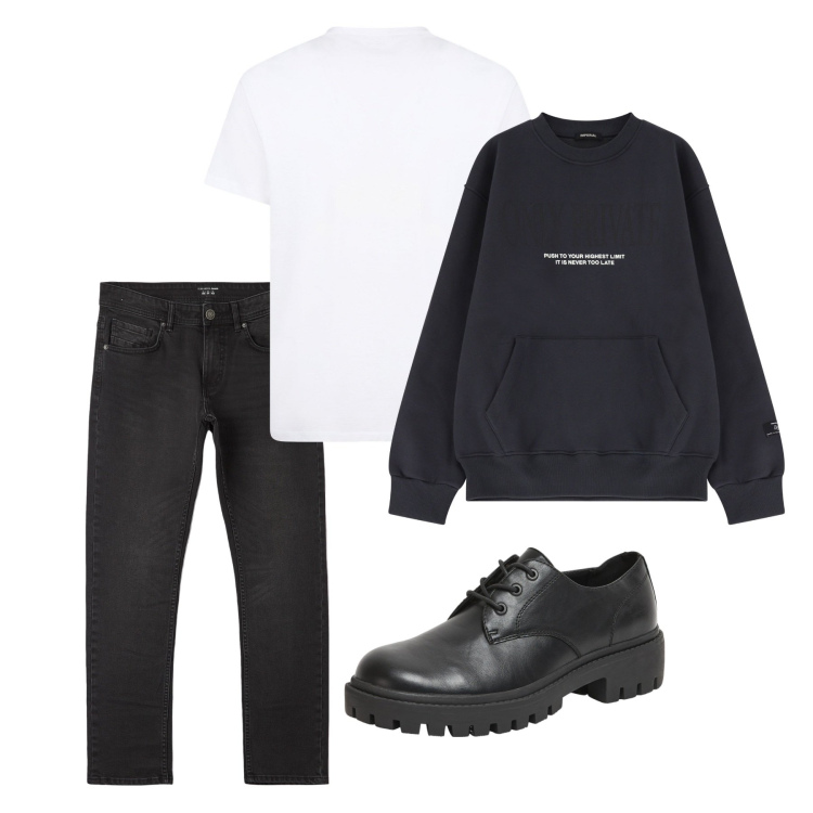 Outfit uomo - In centro di pomeriggio. Stile Casual per Tutti i giorni. Abbinamento con scarpe stringate, jeans dritti, felpe, t-shirt.