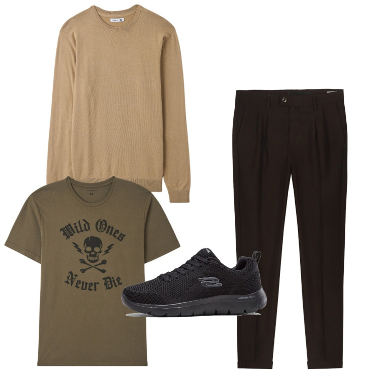 Outfit uomo - City. Stile Casual per Tutti i giorni. Abbinamento con sneakers, t-shirt, maglieria, pantaloni.