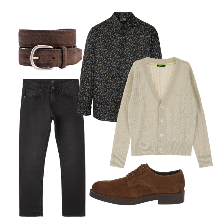 Outfit uomo - Mister cardigan. Stile Casual per Tutti i giorni. Abbinamento con camicie, jeans dritti, cardigans, cinture, scarpe stringate.