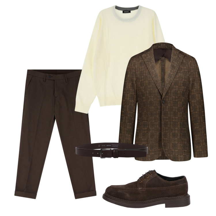 Outfit uomo - Caffè. Stile Casual per Tutti i giorni. Abbinamento con pantaloni chino, maglieria, cinture, giacche, scarpe stringate.
