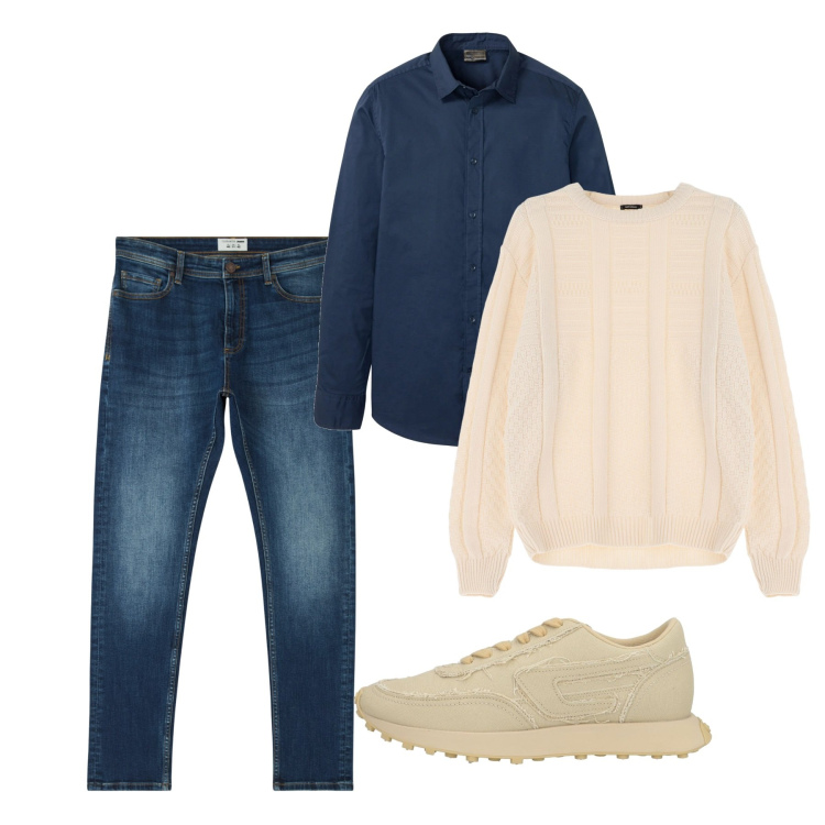 Outfit uomo - Primavera. Stile Casual per Tutti i giorni. Abbinamento con camicie, sneakers, jeans skinny, pullovers.