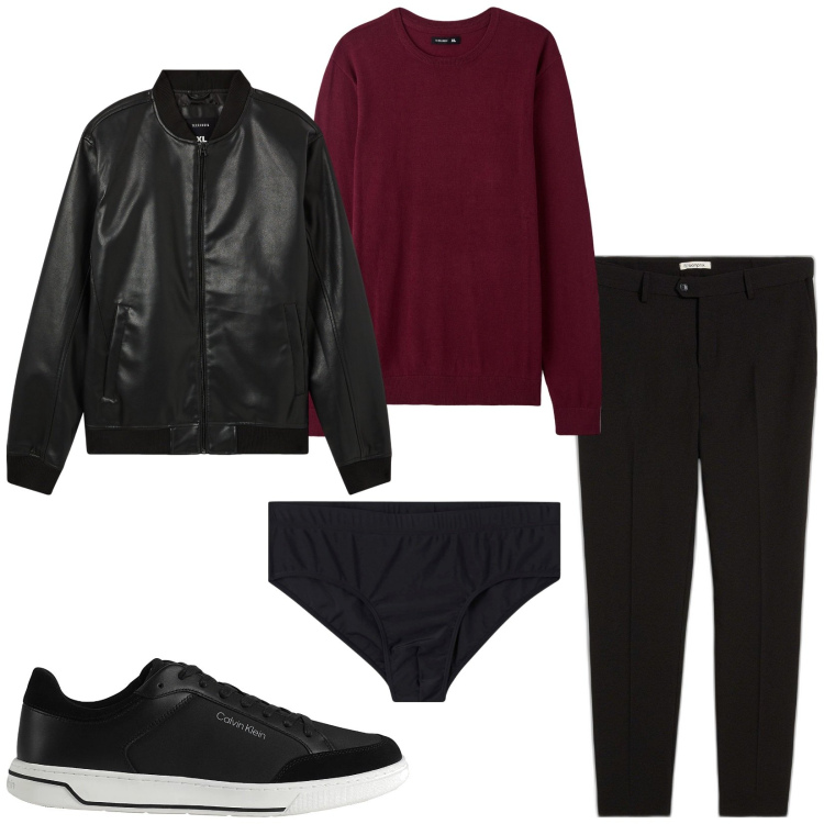 Outfit uomo - Maglia girocollo bordeaux. Stile Casual per Ufficio. Abbinamento con pantaloni, sneakers, costumi, maglieria, bomber.