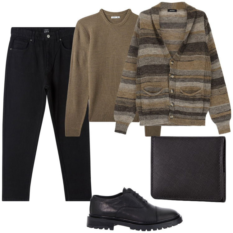 Outfit uomo - Total look #2088050. Stile Casual per Ufficio. Abbinamento con pantaloni, maglieria, cardigans, scarpe stringate, portamonete.
