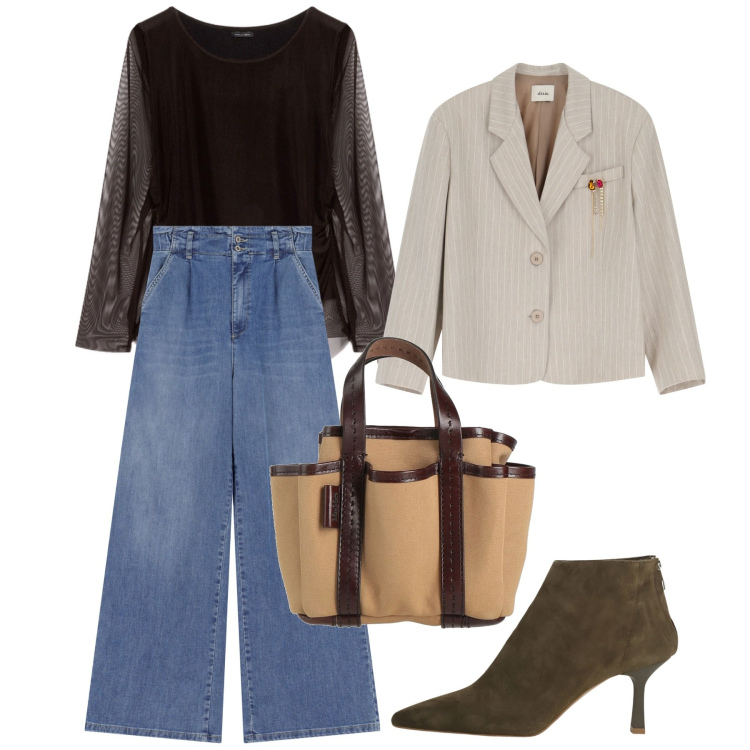 Outfit donna - Elegante in primavera - @Mery_844. Stile Chic per Tutti i giorni. Abbinamento con borse a mano, jeans, blazer, stivaletti, t-shirt.