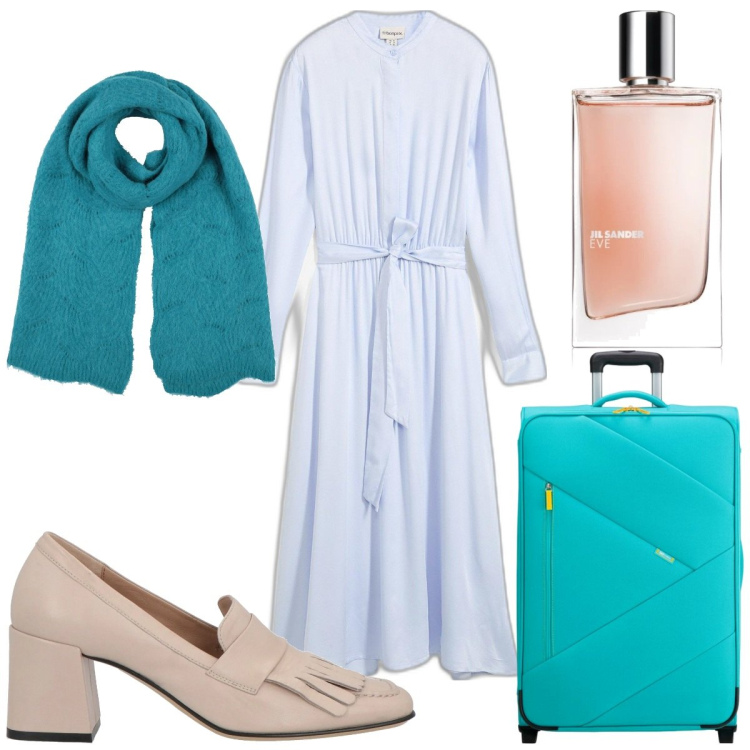 Outfit donna - Total look #2088058. Stile Trendy per Tutti i giorni. Abbinamento con vestiti chemisier, mocassini, sciarpe, profumi, valigie.