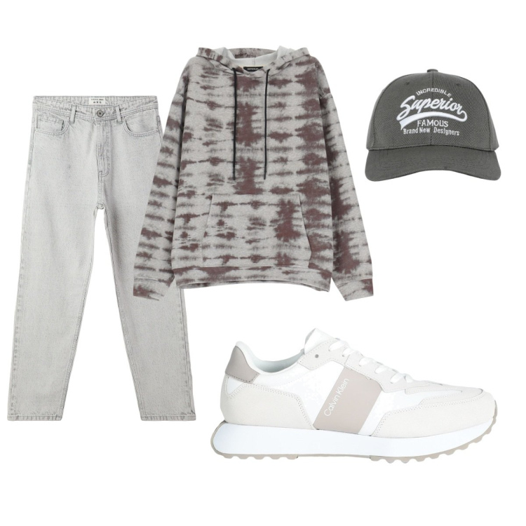 Outfit uomo - Total look #2088065. Stile Casual per Tutti i giorni. Abbinamento con sneakers, cappelli con visiera, jeans, felpe con cappuccio.
