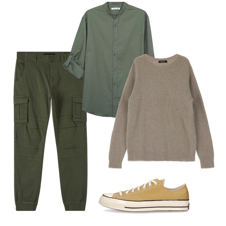 Outfit uomo - Muschio. Stile Casual per Tutti i giorni. Abbinamento con maglieria, camicie, pantaloni cargo, sneakers.