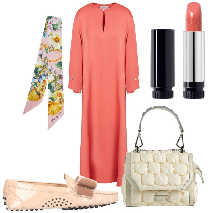 Outfit donna - Total look #2088068. Stile Trendy per Tutti i giorni. Abbinamento con mocassini, borse a mano, vestiti midi/longuette, rossetti, foulard.