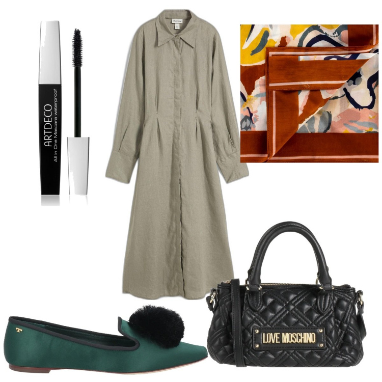 Outfit donna - Total look #2088071. Stile Trendy per Tutti i giorni. Abbinamento con vestiti chemisier, mascara, borse a mano, mocassini, foulard.