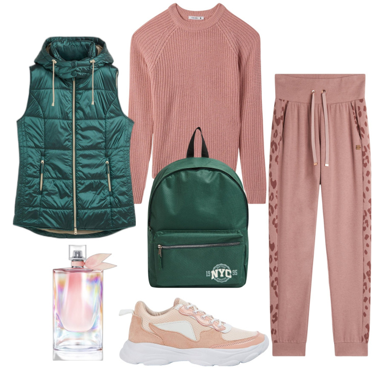 Outfit donna - Verde smeraldo. Stile Casual per Tutti i giorni. Abbinamento con gilet, profumi, sneakers, zaini, maglieria, pantaloni.