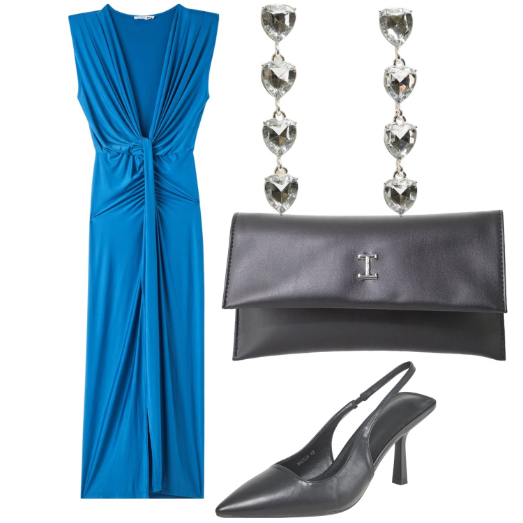 Outfit donna - Serata. Stile Glamour per Serata fuori. Abbinamento con orecchini, vestiti lunghi, décolleté, pochette.