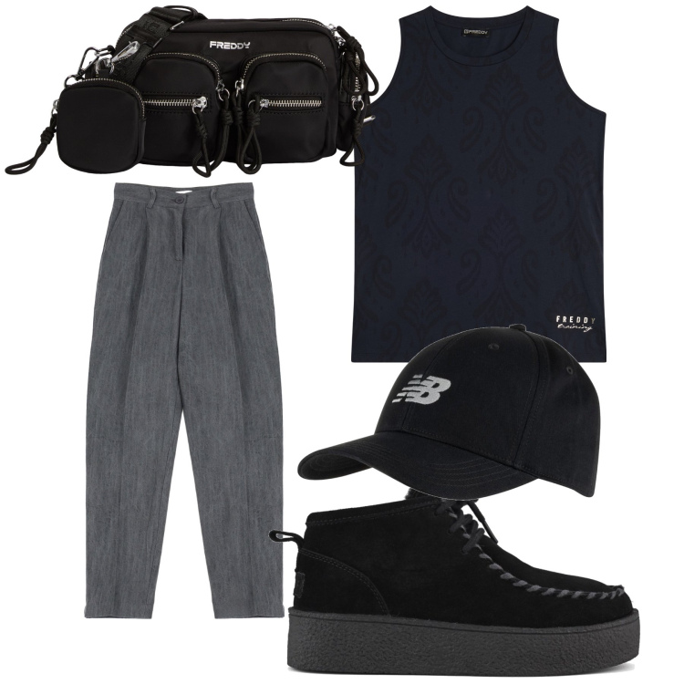 Outfit donna - In giro. Stile Casual per Tutti i giorni. Abbinamento con cappelli con visiera, pantaloni, borse a tracolla, canottiere, stivaletti.
