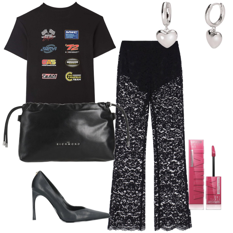 Outfit donna - T-shirt e pizzo che combo. Stile Glamour per Serata fuori. Abbinamento con décolleté, borse a mano, rossetti, t-shirt, orecchini, pantaloni.