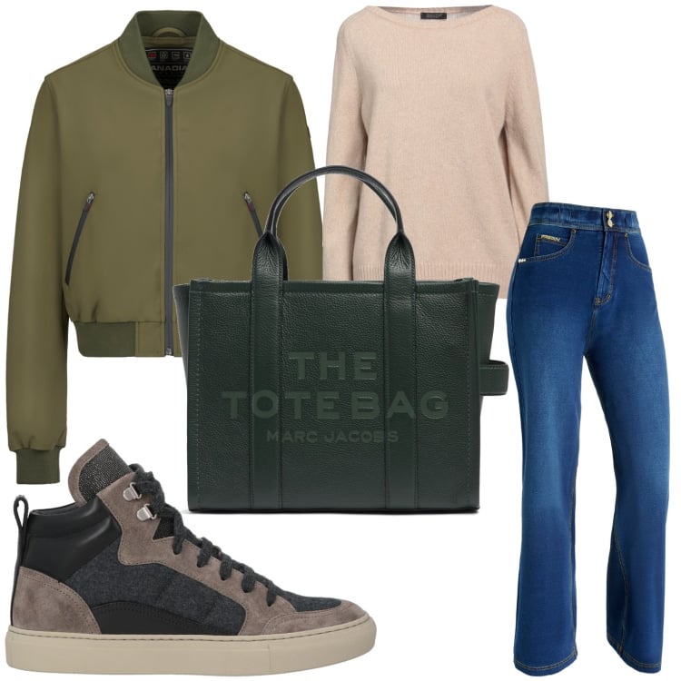 Outfit donna - Giornata all\' università. Stile Casual per Scuola/Università. Abbinamento con pullovers, sneakers alte, jeans, bomber, borse tote.