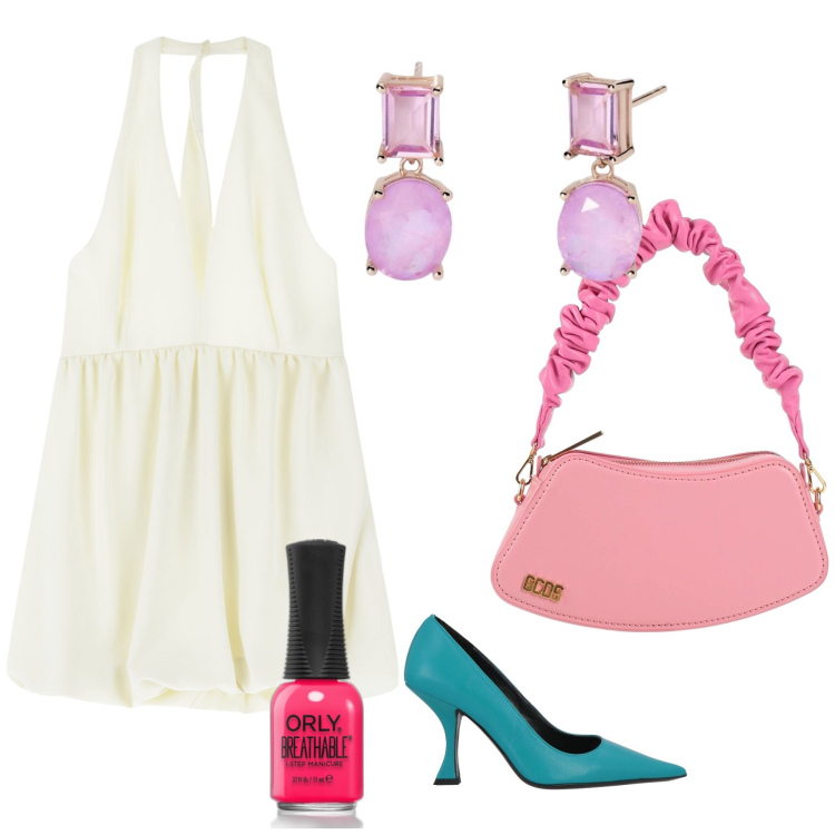 Outfit donna - Abito bianco tela per colori. Stile Trendy per Serata fuori. Abbinamento con décolleté, borse a mano, smalti, orecchini, vestiti corti.