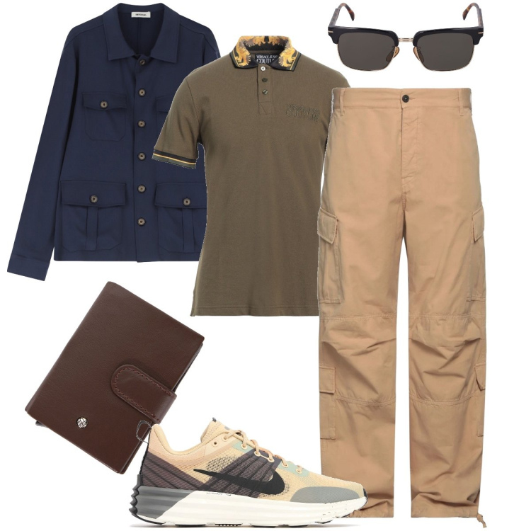 Outfit uomo - Clima mite. Stile Urban per Tutti i giorni. Abbinamento con polo, pantaloni cargo, camicie, portafogli, occhiali da sole, sneakers.