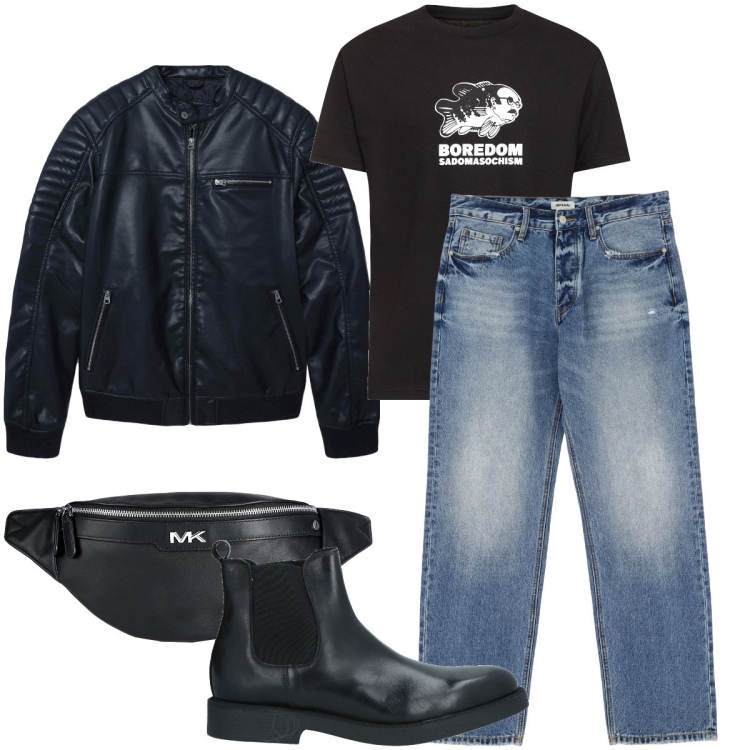 Outfit uomo - Serata rock. Stile Biker Rock per Serata speciale. Abbinamento con stivali e stivaletti, borse sportive, giacche, jeans, t-shirt.
