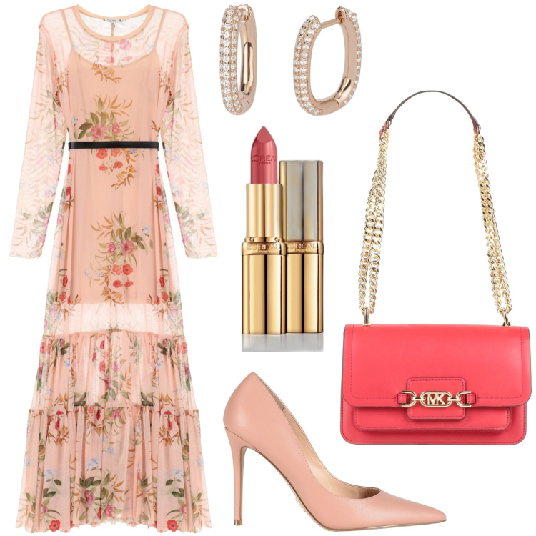 Outfit donna - Eleganza primaverile. Stile Romantica per Cerimonia. Abbinamento con borse a spalla, décolleté, rossetti, orecchini, vestiti lunghi.