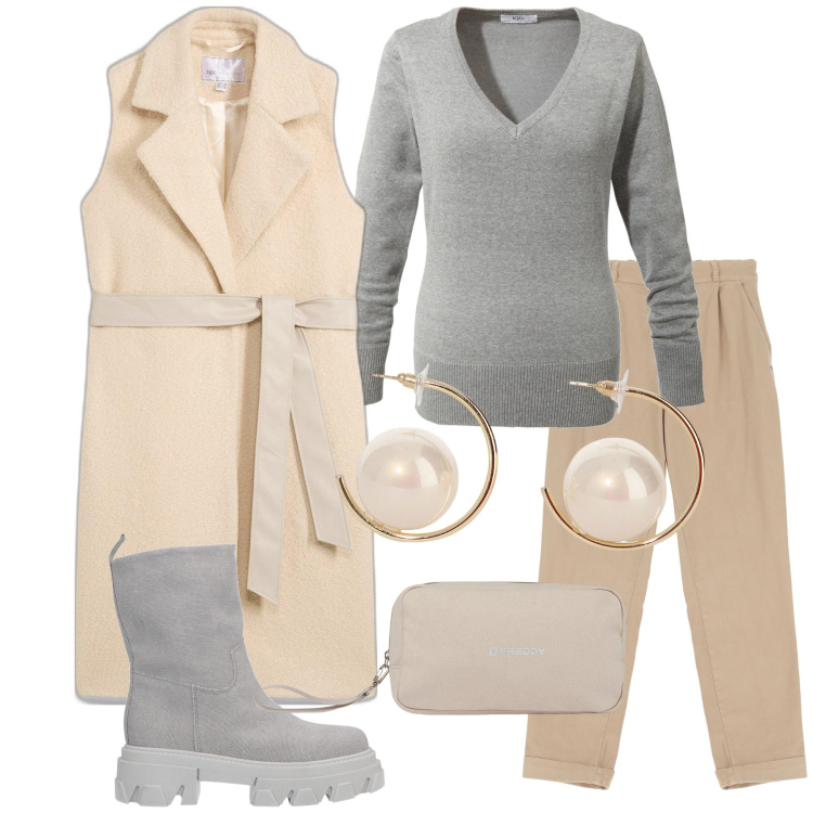 Outfit donna - La battigia. Stile Casual per Tutti i giorni. Abbinamento con maglieria, gilet, stivaletti, pantaloni chino, valigie, orecchini.