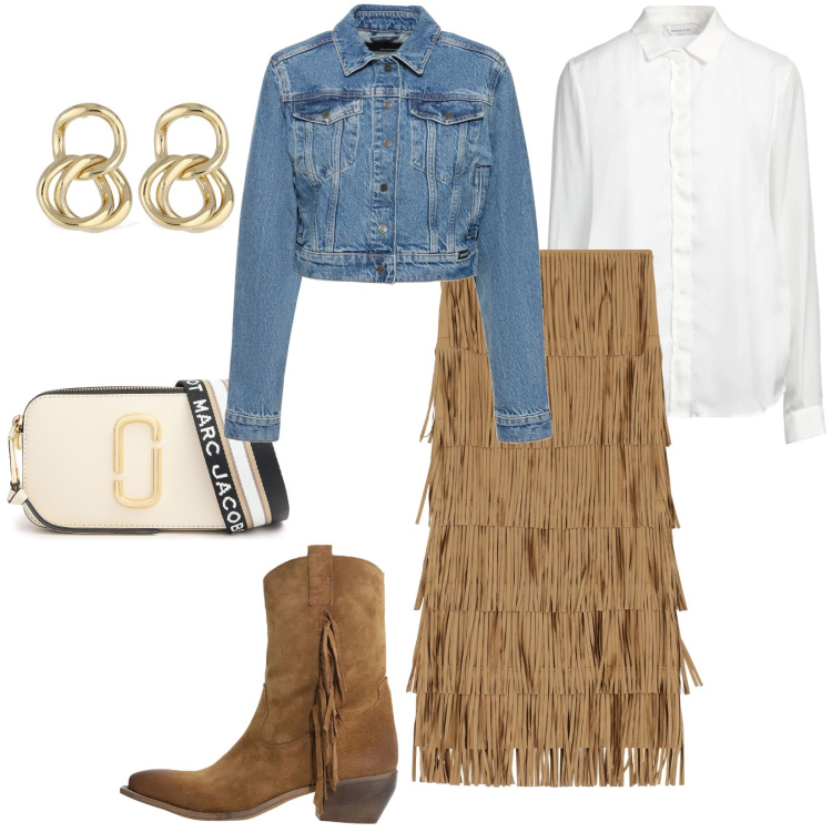 Outfit donna - Frange carattere e movimento. Stile Boho per Tutti i giorni. Abbinamento con camicie, gonne lunghe, stivali, blazer, borse a spalla, orecchini.