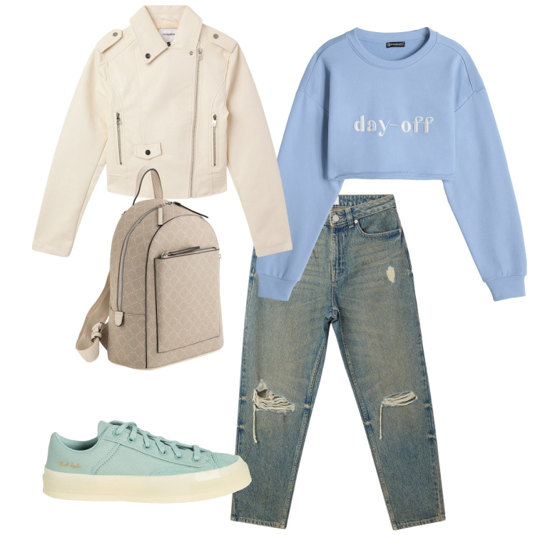 Outfit donna - Gita in primavera. per Scuola/Università. Abbinamento con sneakers, jeans mom, giacche, felpe, zaini.