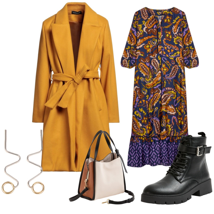 Outfit donna - Primavera con il cappotto. per Tutti i giorni. Abbinamento con cappotti, anfibi, orecchini, vestiti lunghi, borse a mano.