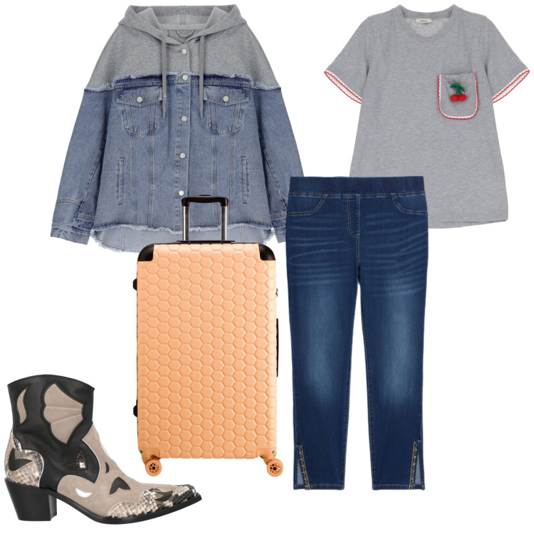 Outfit donna - Sto partendo. per Tutti i giorni. Abbinamento con stivaletti texani, t-shirt, blazer, jeggings, valigie.