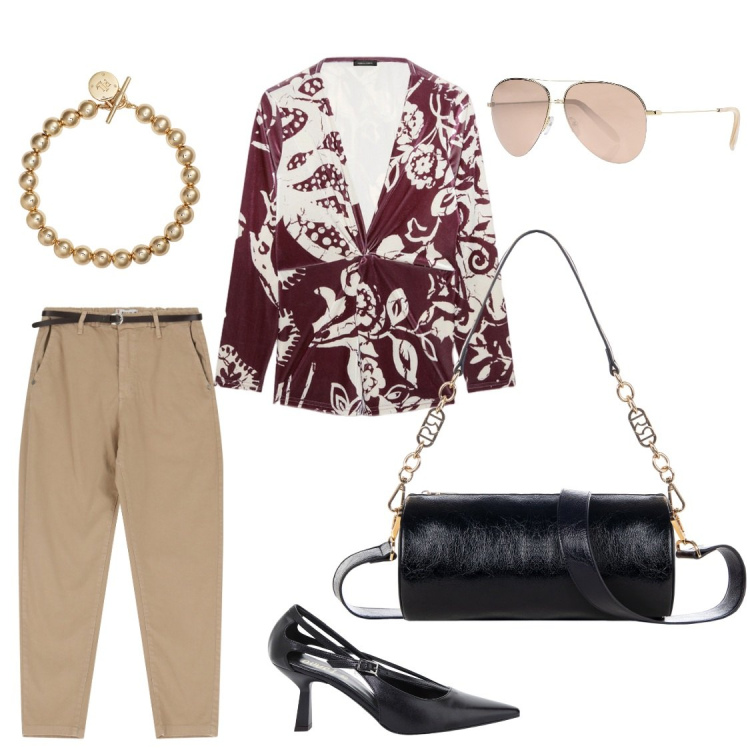 Outfit donna - Total look #2088157. Stile Casual chic Abbinamento con occhiali da sole, pantaloni chino, borse a mano, décolleté, braccialetti, t-shirt.