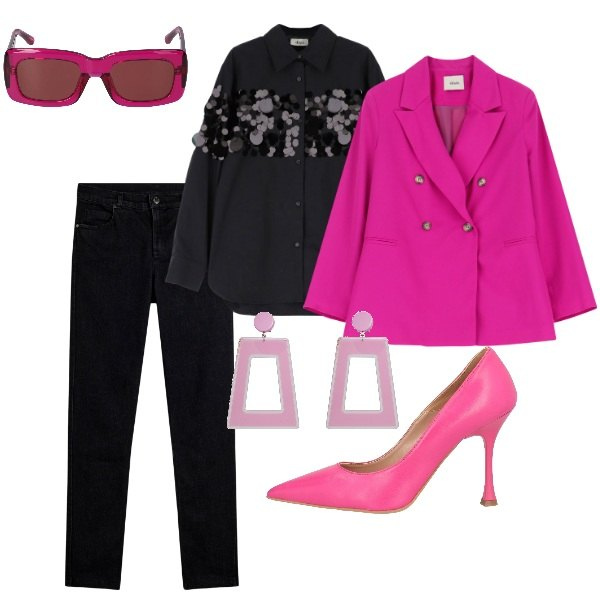 Outfit donna - Aspettando la primavera. Stile Trendy per Serata fuori. Abbinamento con décolleté, orecchini, blazer, camicie, jeans skinny, occhiali da sole.