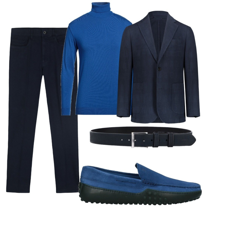 Outfit uomo - Bluette. Stile Business/Elegante per Ufficio. Abbinamento con scarpe stringate, maglieria, cinture, giacche, pantaloni.