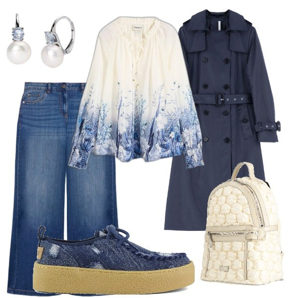 Outfit donna - A spasso per la città. Stile Trendy per Tutti i giorni. Abbinamento con bluse, zaini, orecchini, trench, mocassini, jeans.
